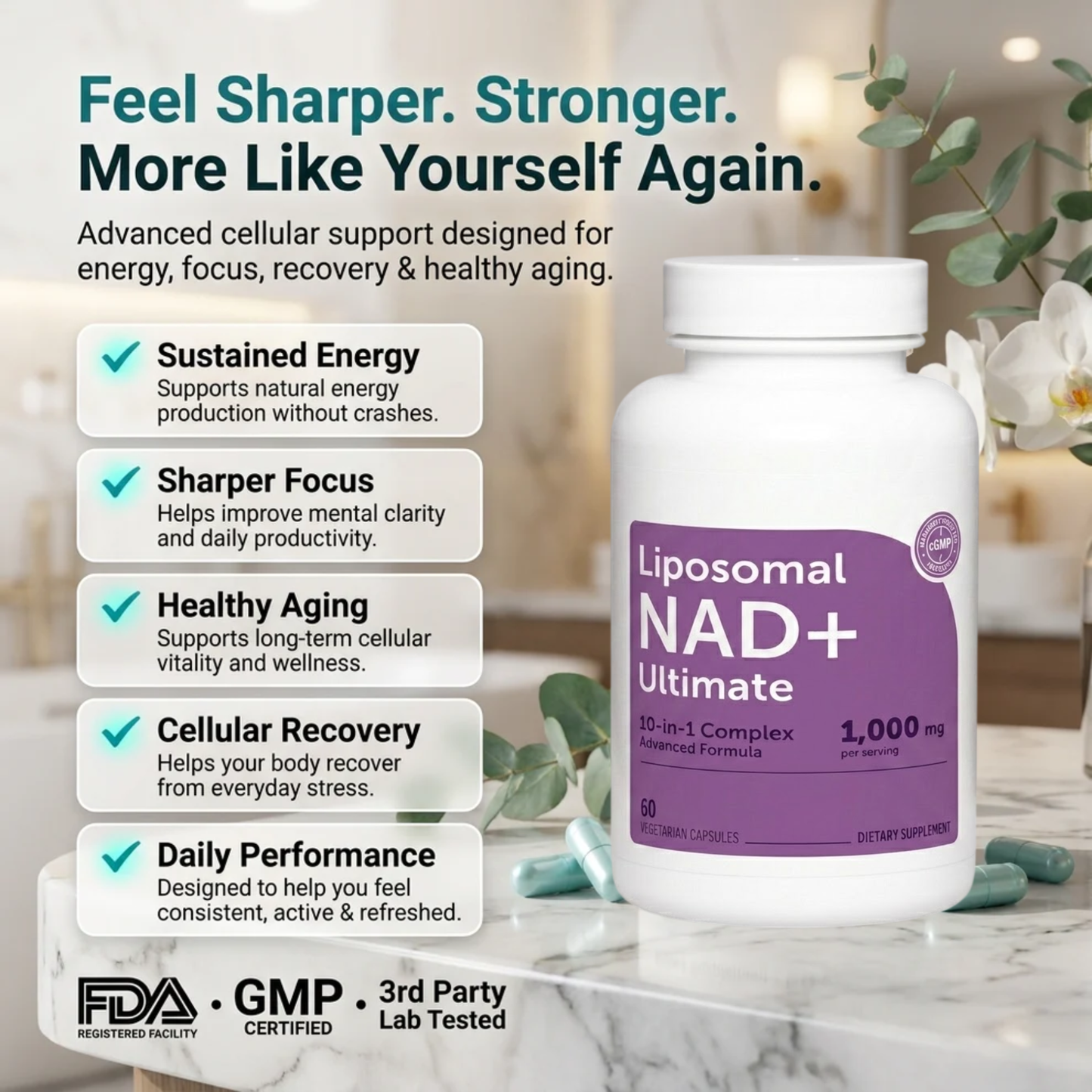 10-in-1 Liposomal NAD+ Support Complex Daily Antioxidant Supplement