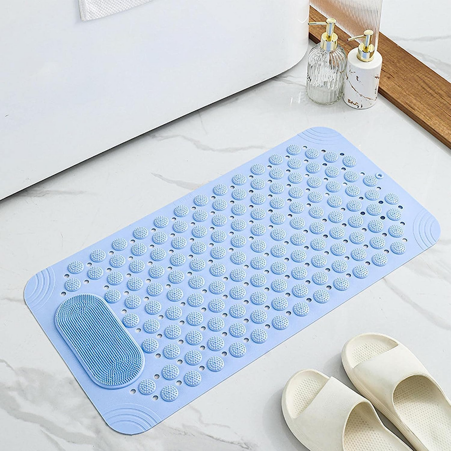 Sky Blue Non-Slip PVC Bathroom Mat Drain Holes (27 × 14 Inch)